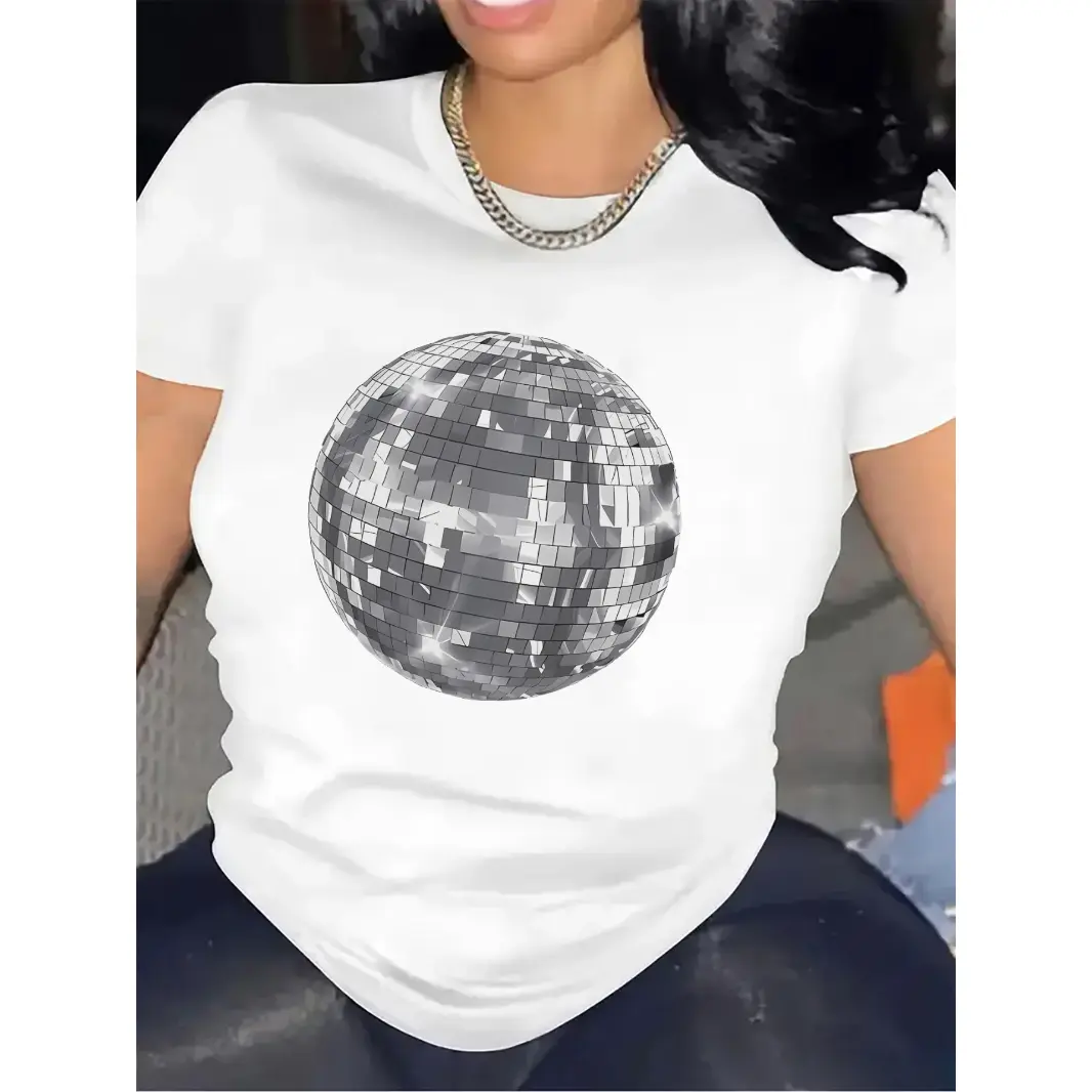 Womens Cotton Graphic Tee Disco Ball Print Short Sleeve Crew Neck Shirt Y2K Streetwear Festival Concert Party Outfit Cute Casual Summer Top