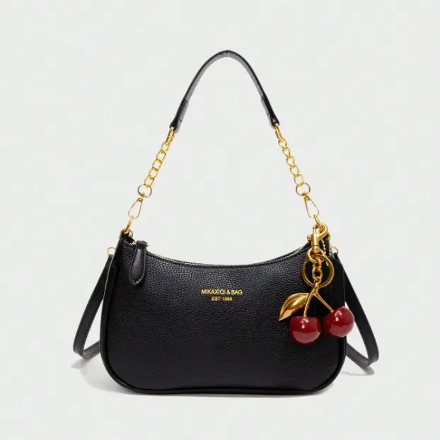Women's Retro Cherry Charm Chunky Chain Half Moon Crossbody Handbag - Minimalist Design, Zipper Closure, Everyday Purse, Home Organizer Accessory for Women