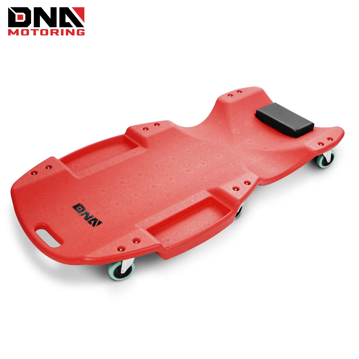48in Red Heavy-Duty Low-Profile Roller Creeper for Auto Repair, Automotive Car Inspection Tool with Padded Headrest, Casters, Built-In Carry Handles, Socket, Sliding Ease