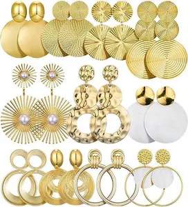 11 Pairs Big Disc Drop Earrings Set for Women - Golden Dangle Earrings with Round Hammered Statement Design, Versatile Everyday & Party Jewelry