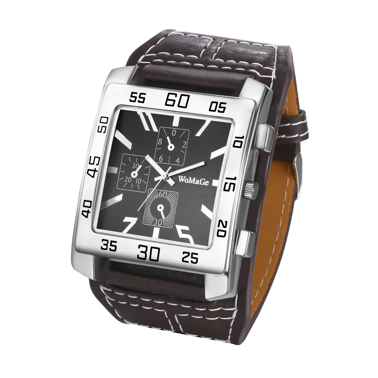 OIDEA Steampunk Fashionable Men's Wristwatch - Vintage Rectangular Analog Quartz Dial Watch with Wide PU Leather Cuff Band, Fashionable Wristwatch, Analog Quartz Watches, Rectangle Face, Steampunk Look, Three-Eye Dial