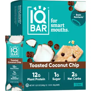 IQBAR Toasted Coconut Chip (12 Bars) - Brain and Body Plant Protein Bars - 12 Count, Low Carb, High Fiber, Gluten Free, Vegan Snacks - Low Sugar Keto Energy Bar