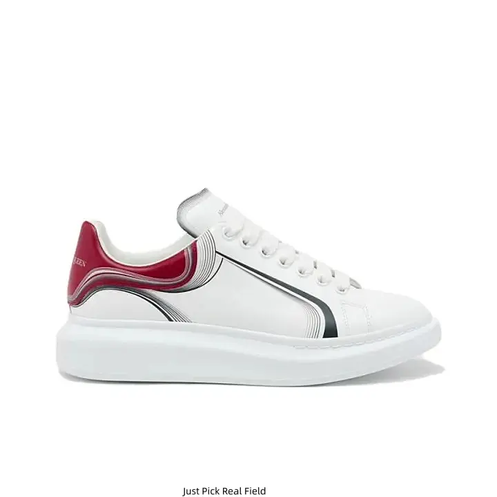 Unisex White Chunky Platform Leather Sneakers with Red Curved Heel Accent & Side Stripes, low-top casual style, cushioned sole for daily street wear for men women