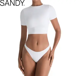 ASANDY Women's Double-Lined Fitted Crew Neck Short Sleeve Crop Top - Sporty Sports Tops, Basic Summer Yoga & Daily Wear Tee