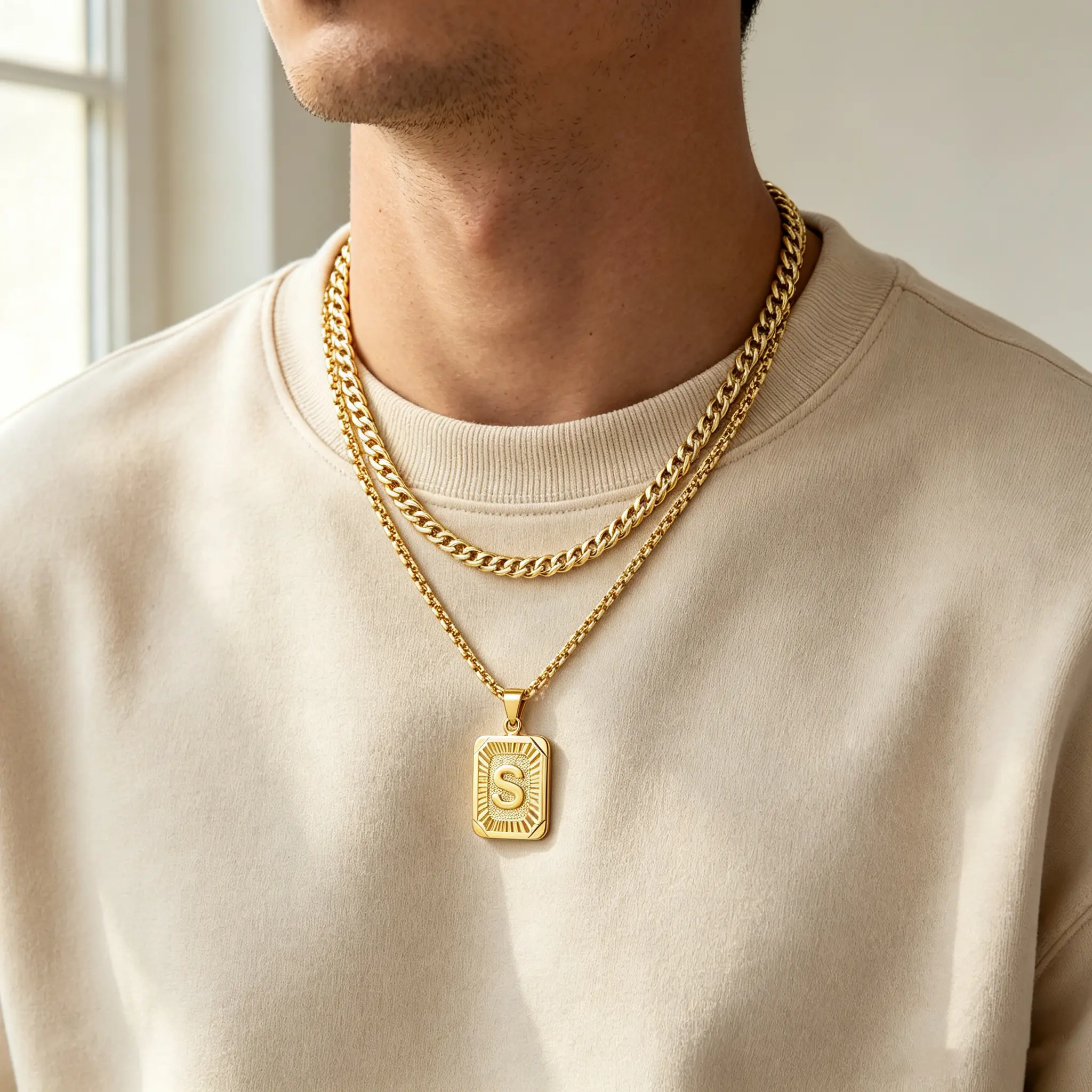 14K Gold Plated Initial A-Z Pendant Layered Cuban & Box Necklace for Men Women, Non Tarnish Personalized Alphabet Jewelry, Lightweight Hip Hop Accessory