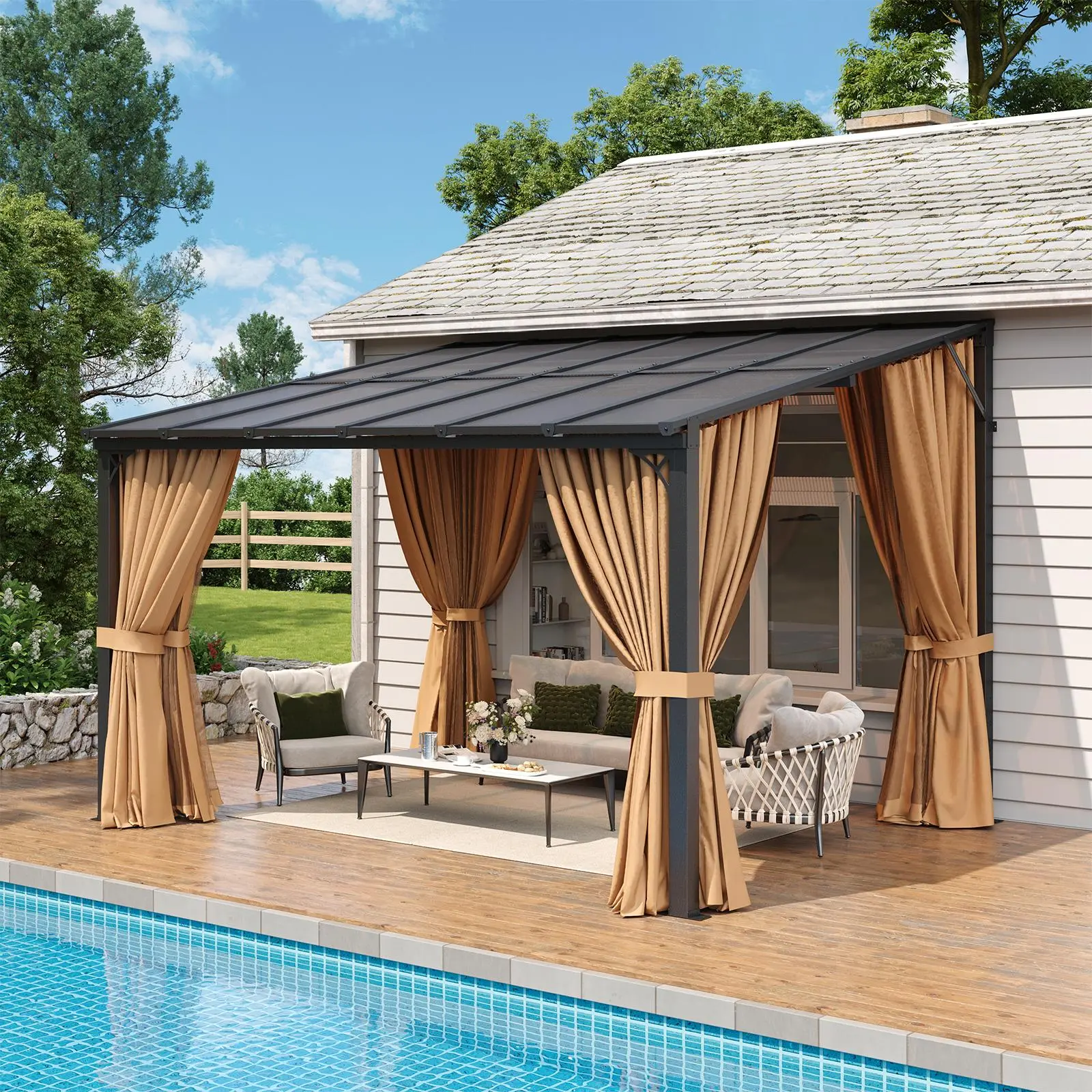 Aoxun 10'x12' Wall-Mounted Lean-to Gazebo Shade Canopy - Outdoor Aluminum Frame Structure, Polycarbonate Panel Sloped Roof, Mosquito Net, Curtains for Backyard, Porch (Sun Shade Canopies for Home Improvement), Shade Canopy Canopies summerwins  pool area