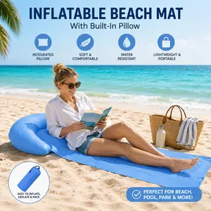 Portable Inflatable Beach Mat with Pillow Support |   Foldable Sand-Free Lounge Pad for Beach, Camping, Hiking, Sunbathing & Outdoor Relaxation