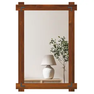 COSTWAY - Wood Framed Mirror with Acacia Wood Frame and Vintage Rivet Design Brown-M