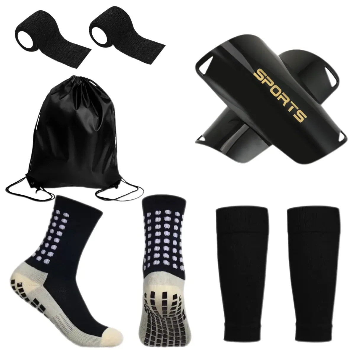 5 Pairs Football Sports Set, Ankle Guards, Medium Calf Soccer Socks, Sport Bandages, Wrist Guards, Leg Protector Combo, Football Accessories