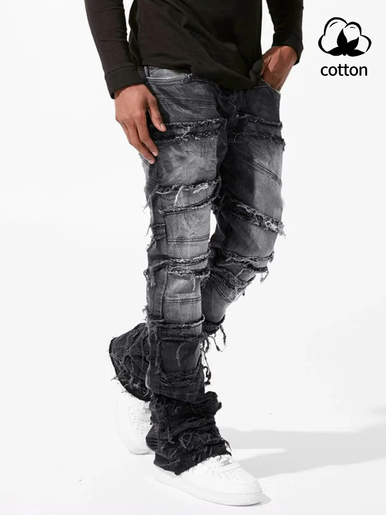 Men's straight-cut ripped distressed denim jeans, Ripped Straight Leg, fringed street-style jeans, Destroyed hole jeans