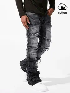 Men's straight-cut ripped jeans, Ripped Straight Leg, fringed street-style jeans, slim-fitting elastic embroidered pants, black stacked tapered tight-fitting denim micro-flare pants, elastic tight-fitting trendy men's jeans