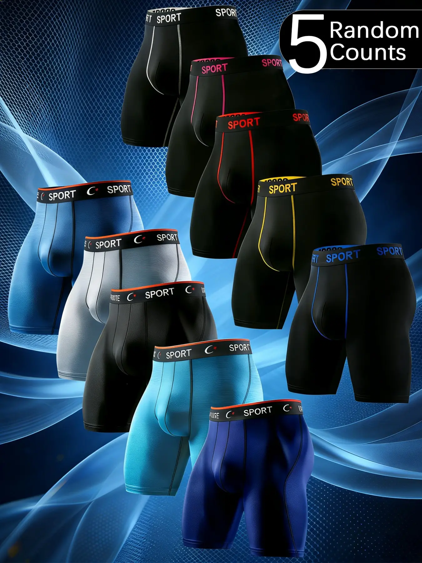 5 pcs Men's solid color long underwear With contour bands, Breathable quick drying elastic waistband sports pants, Workout Gym Underwear, Athletic Sport Underwear, Sporty Underwear, Suitable for daily wear and exercise fitness