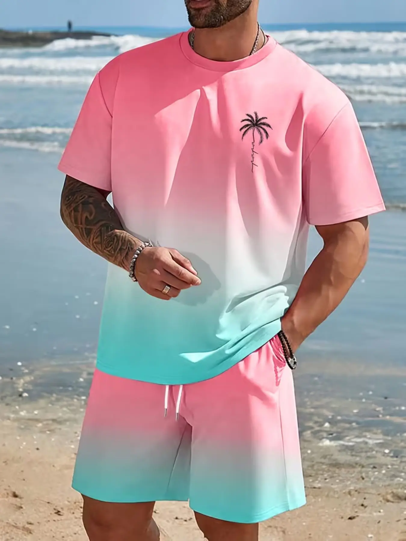 Men's Casual Sportswear Set, Hawaiian Gradient Design, Round Neck Short Sleeve T-Shirt & Elastic Waist Shorts for Summer Outdoor Activities, Athletic Tropical Activewear