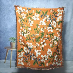 White Flowers and Leaves Bohemian Yarn Jacquard Woven Blanket with Tassel, Chunky Soft Not Printed, No Faded No Pilling Used for Home Decor Sofa Chair Bed Tapestry Tablecloth Floor Garden Picnic Outdoor Camping Floral Blanket