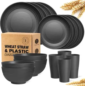 Unbreakable Wheat Straw Dinnerware Set, 16-Piece Service for 4 – Lightweight, Eco-Friendly, Microwave & Dishwasher Safe – Ideal for Camping, Picnic, Home (Black)