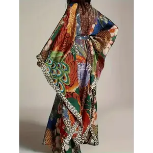 High-Quality Beachy Kimono Cover-Up Long Beach Cover-Up Cardigan – Bohemian Kimono Robe with Belt – Non-Stretch Polyester, Machine Washable