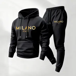 Men's Golden Milano Printed Hoodie and Drawstring Sweatpants Set, Menswear, Casual Athletic Long Sleeve Hooded Jacket & Trousers for Fall & Winter, Men's Clothing for Daily Wear, Sportswear Indoor Outdoor, Tracksuit, Athleisure Summer Clothes