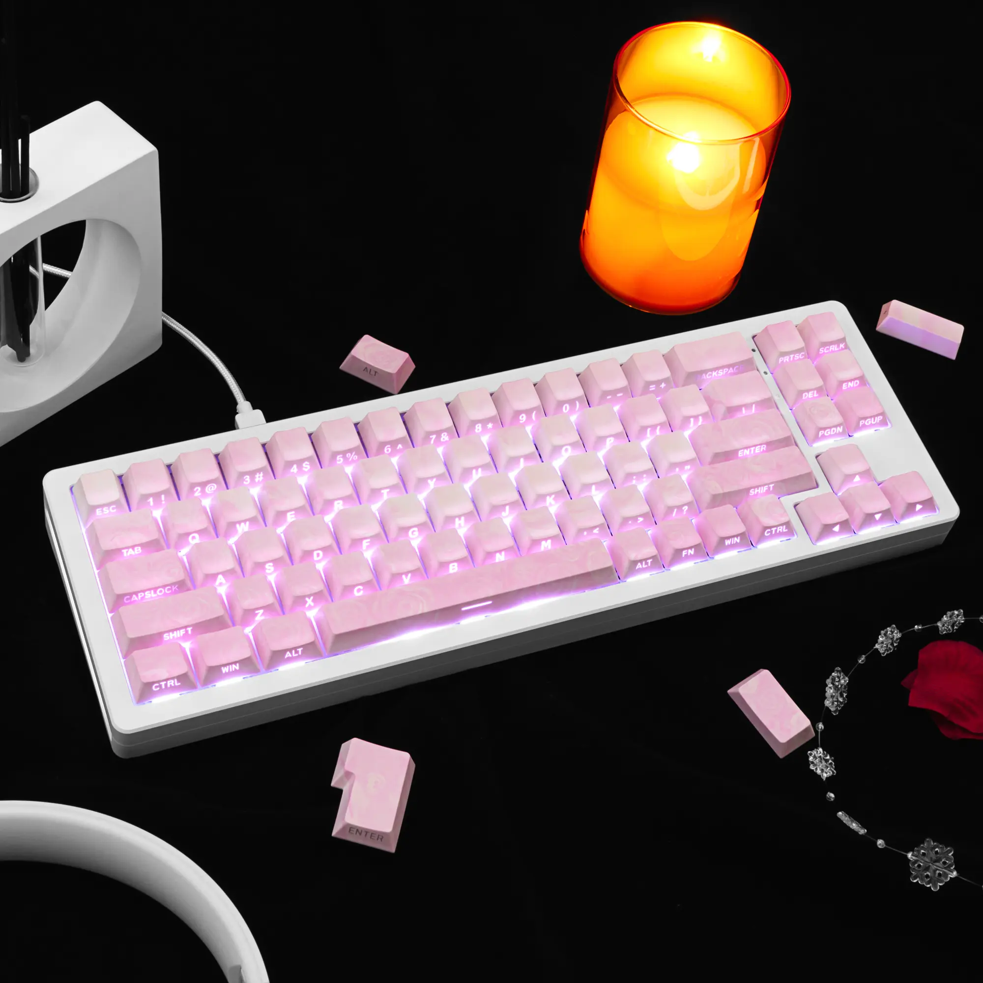 Rose Coast Pink Oil Painting Style PBT Keycaps Compatible with 61/64/87/104/108-key layouts Cherry MX Switches Side-engraved keycaps Five-sided dye-sublimation transfer Custom mechanical keycaps Cute, wear-resistant, anti-light-transmission design summerv