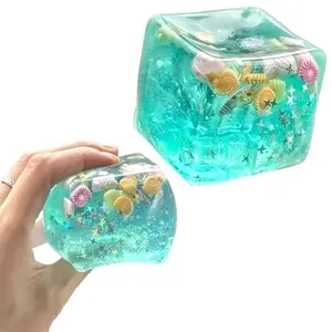 Ice Cube Squishy, Soft Slow Rise Stress Ball, Sensory Fidget Toy, Ocean Cube with Blue Shells, Gift for Men and Women, Stress Relief Fidgeting