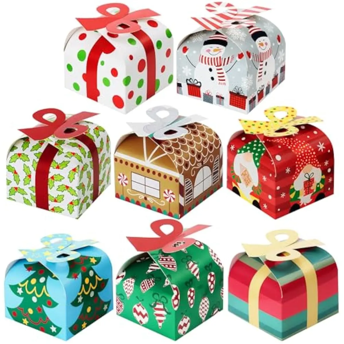 JOYIN 24 PCS 3D Christmas Goody Gift Boxes with Bow for Holiday Xmas Goodie Paper Boxes, School Classroom Party Supplies, Candy Treat Cardboard Cookie Boxes for Gift Giving (3.75 x 3.75 x 3.1)
