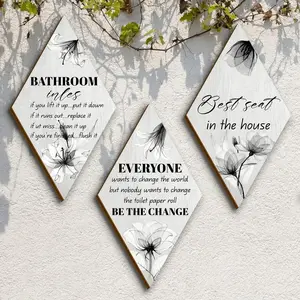 Bathroom Rules Wooden Wall Decoration, Floral Aesthetic Pattern, 3 Counts/set Bathroom Letter Pattern Wall Hanging Decor, Wall Art Decor for Home Living Room Bedroom Bathroom, Ornaments