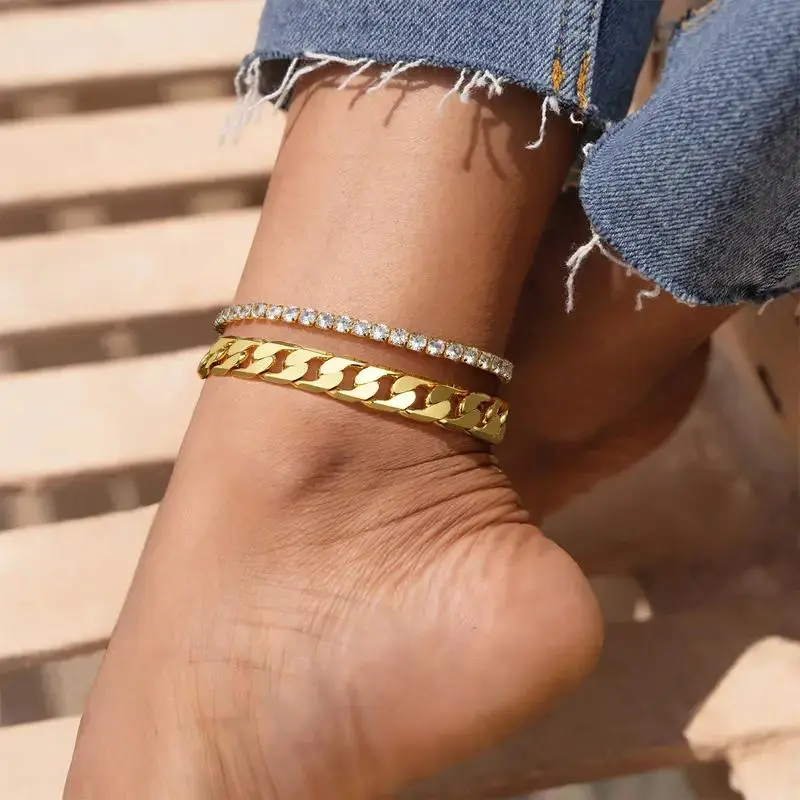 Gold Anklet for Women, 14K Gold Anklets Chunky Cuban Link Chain Summer Beach Foot Jewelry & Jewelry for Christmas 9" or 11" Adjustable Extension Chain Mothers Day Ideas Retro Round Earrings Gift Set men jade Heart Rate Couples