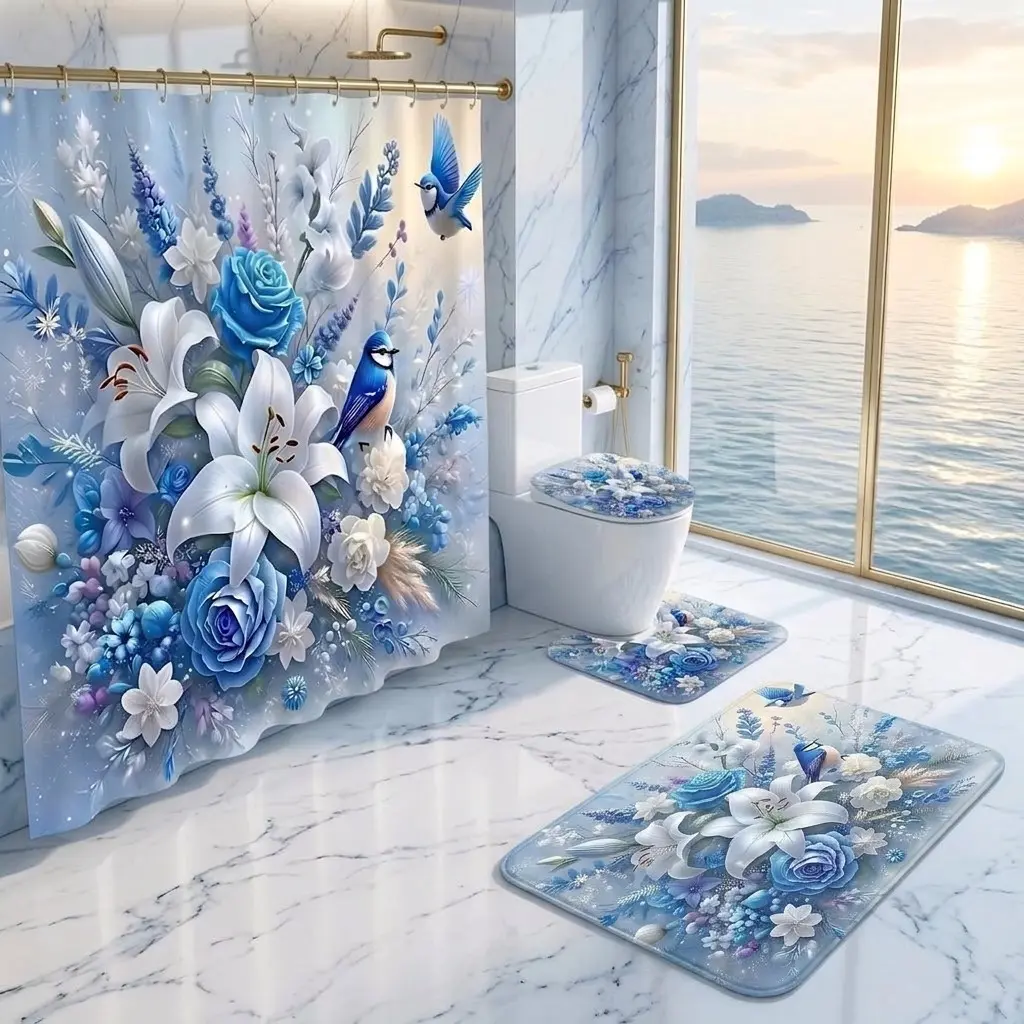 4Pcs Shower Curtain Set Blue Roses, White Lilies, Songbird, Bathroom Sets with Rugs, Christmas Halloween Thanksgiving, Bathroom Decor, Floral Shower Curtains For Bathroom, Flower Shower Curtain