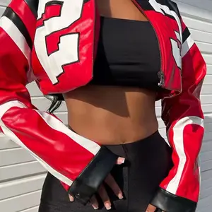 Uni-verS Leather Biker Long-Sleeve Jacket Graphic Cropped  Zip-up Chic Skinny Fit Fashion Women’s Womenswear