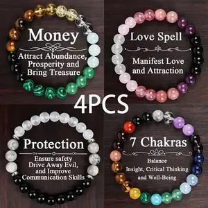 4pcs Healing Bracelets, Natural Stone Protection Bracelets, Fashion Retro Jewelry Accessories, Includes Money, Love, Manifestation Designs, Holiday Gifts for Friends and Family, Suitable for Men and Women