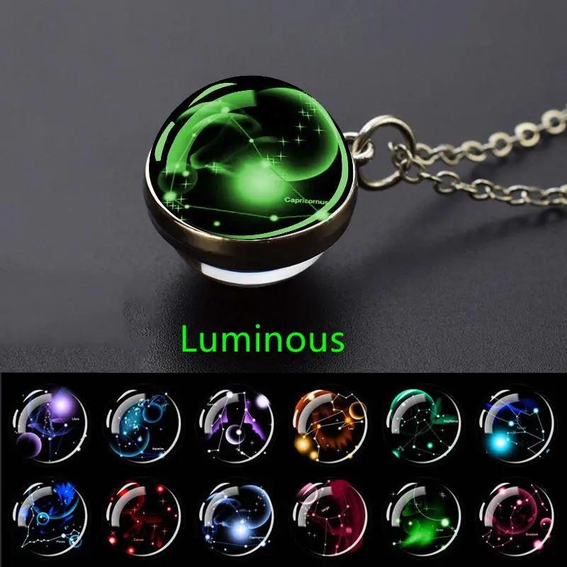 Men's Unisex Long Glow-in-the-Dark Zodiac Constellation Glass Ball Necklace, Zinc Alloy Metal Fashion Costume Jewelry, Exquisite Round Pendant, Durable Allergy-Free Chain, Romantic Gift