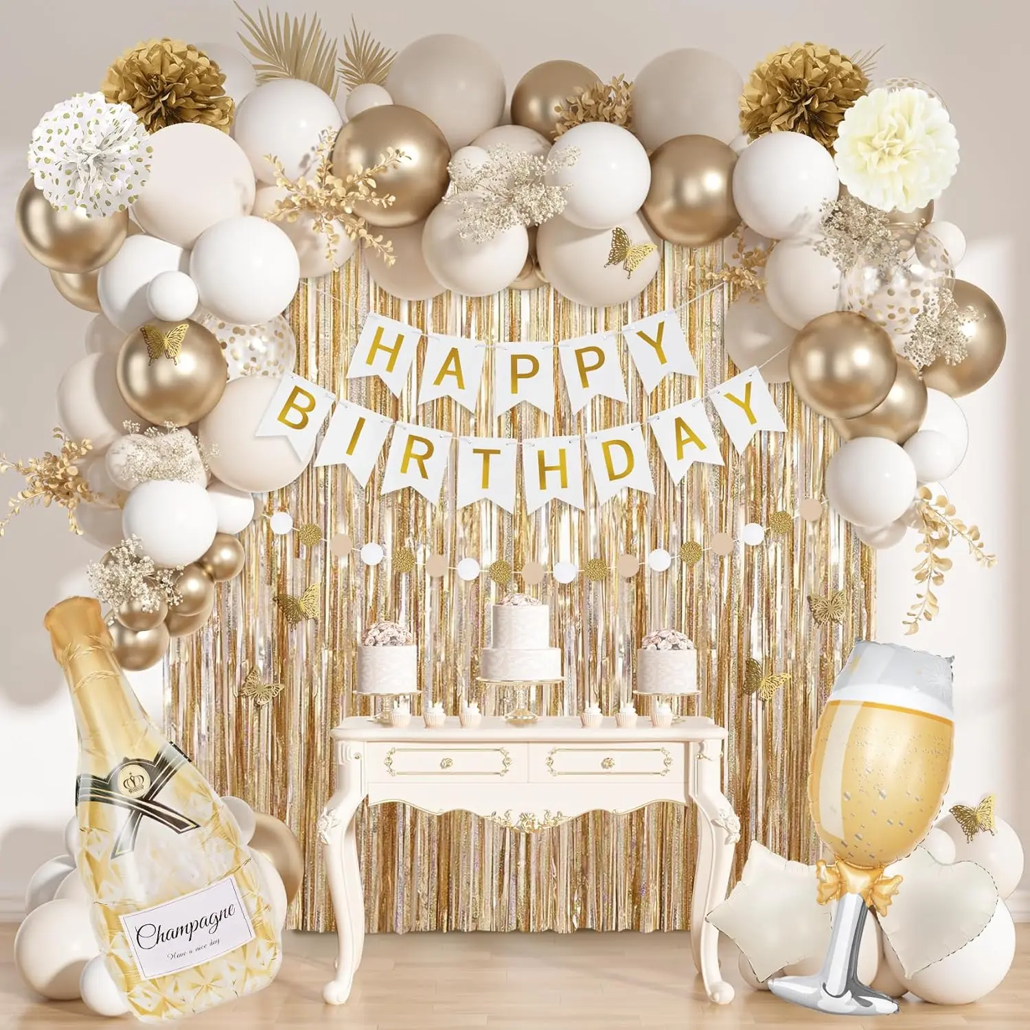 Women's White Gold 62-Pcs Party Decorations Kit with Circle Accents - 12in Latex 62pcs Balloons, Happy Birthday Banner, Sand White Metallic Foil Confetti Balloons, Fringe Curtain, Cake Topper, Pompoms, Butterfly Supplies, Door Decor for Birthday,Wedding,