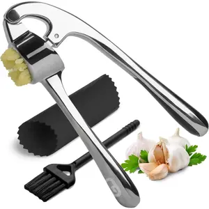 Garlic Press Crusher Mincer Tool  Premium Garlic & Ginger Smasher with Ergonomic Handle Dishwasher Safe & Rust Proof-Includes Silicone Garlic Peeler Kitchen Stainless