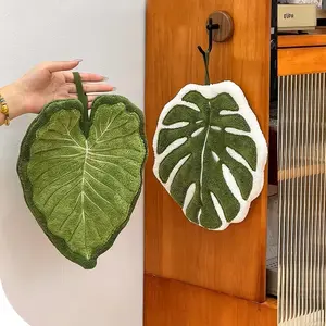 Plant-Themed 2-Piece Thick Durable Coral Fleece Tropical Monstera Leaf Hand Towels, Hangable Boho Decorative Cloths with Hanging Loop, Water-Absorbent Home Care Cleaning Cloths for Bathroom, Kitchen