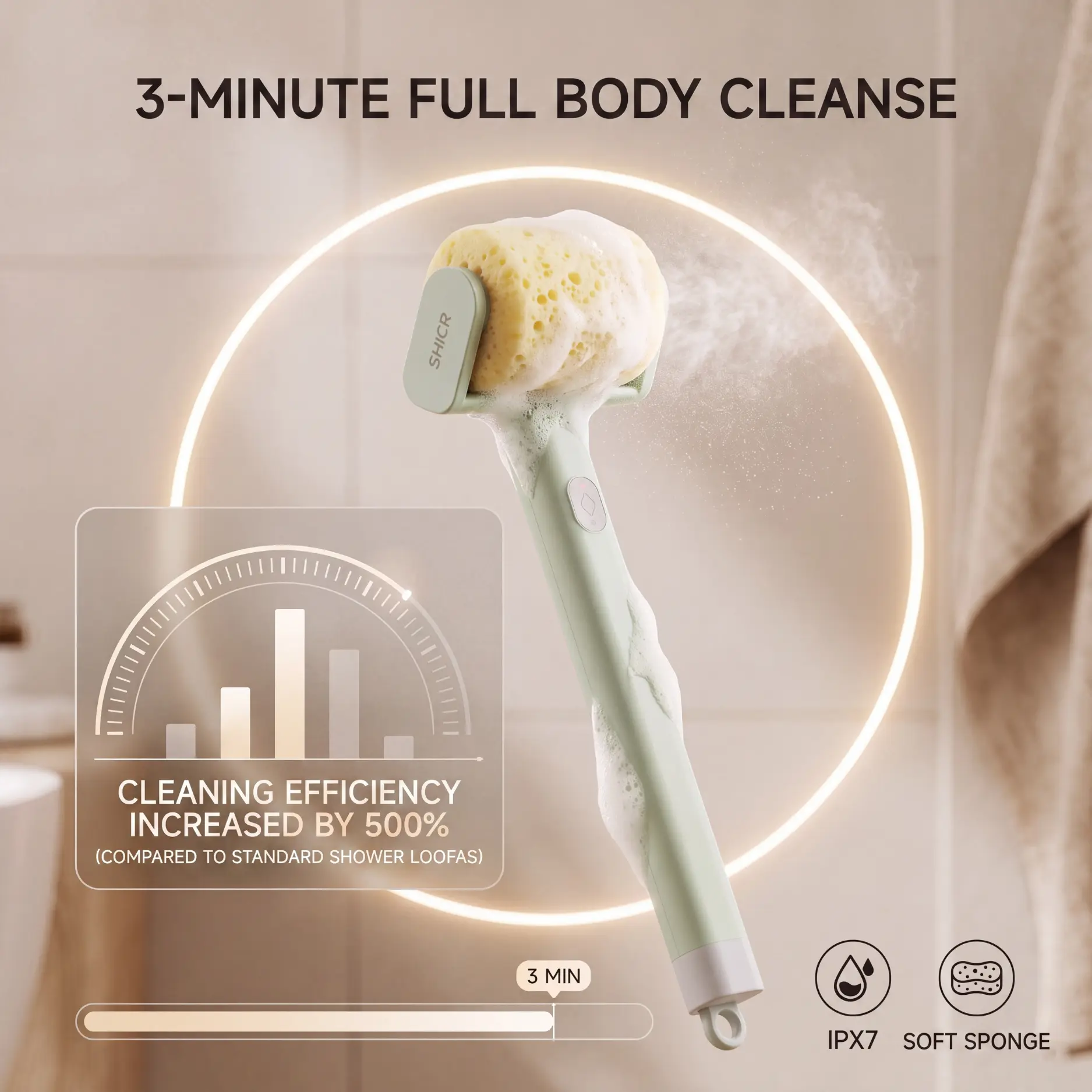 SHICR 3D Smart Electric Long-Handle Automatic Body Shower Brush with Honeycomb Sponge & Body Lotion Applicator — 3-min 5X faster full-body clean, back acne, bumpy skin, strawberry legs, smooth skin buffer, self-tan eraser, body exfoliator, easy back scrub
