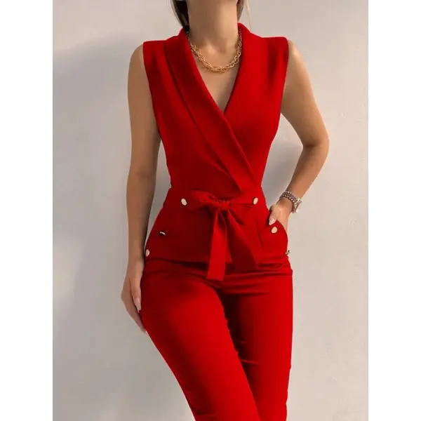 Midmashop women's Elegant Jumpsuit V Neck Sleeveless straight belted long pant Business suit set with pockets Womenswear Ove Comfort ralls