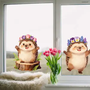 2Pcs/Set (3040cm2pcs) Cartoon Hedgehog & Flowers Window Stickers, Static Cling Glass Window Decor Stickers for Kids Room Home Decor