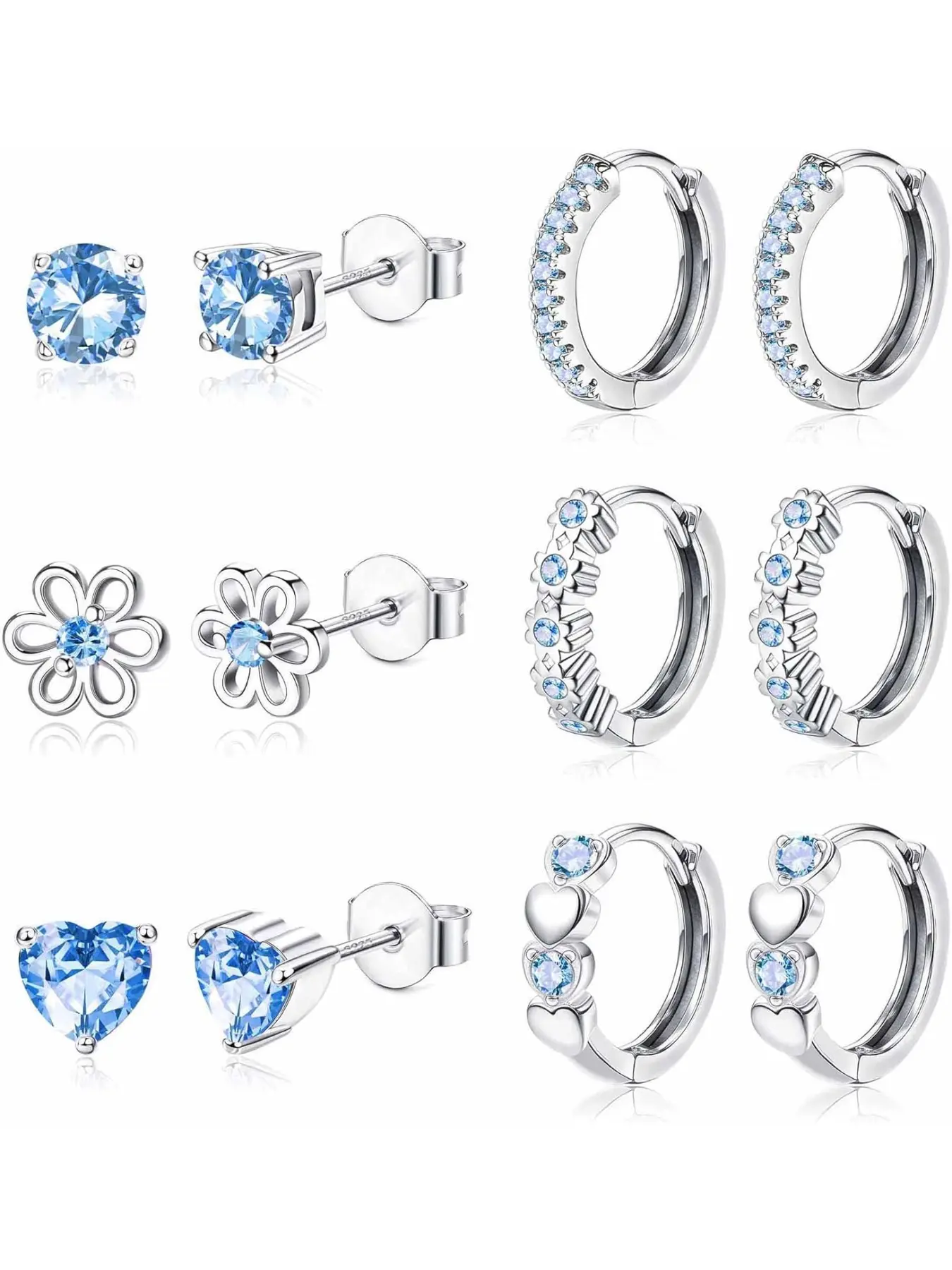 6 Pairs Small Earrings Jewelry Set for Women Girls 925 Sterling Silver Post Studs and Earrings Hoops Sets, Cute Zirconia Flower Heart Designs in Blue, Artificial Zircon Earrings