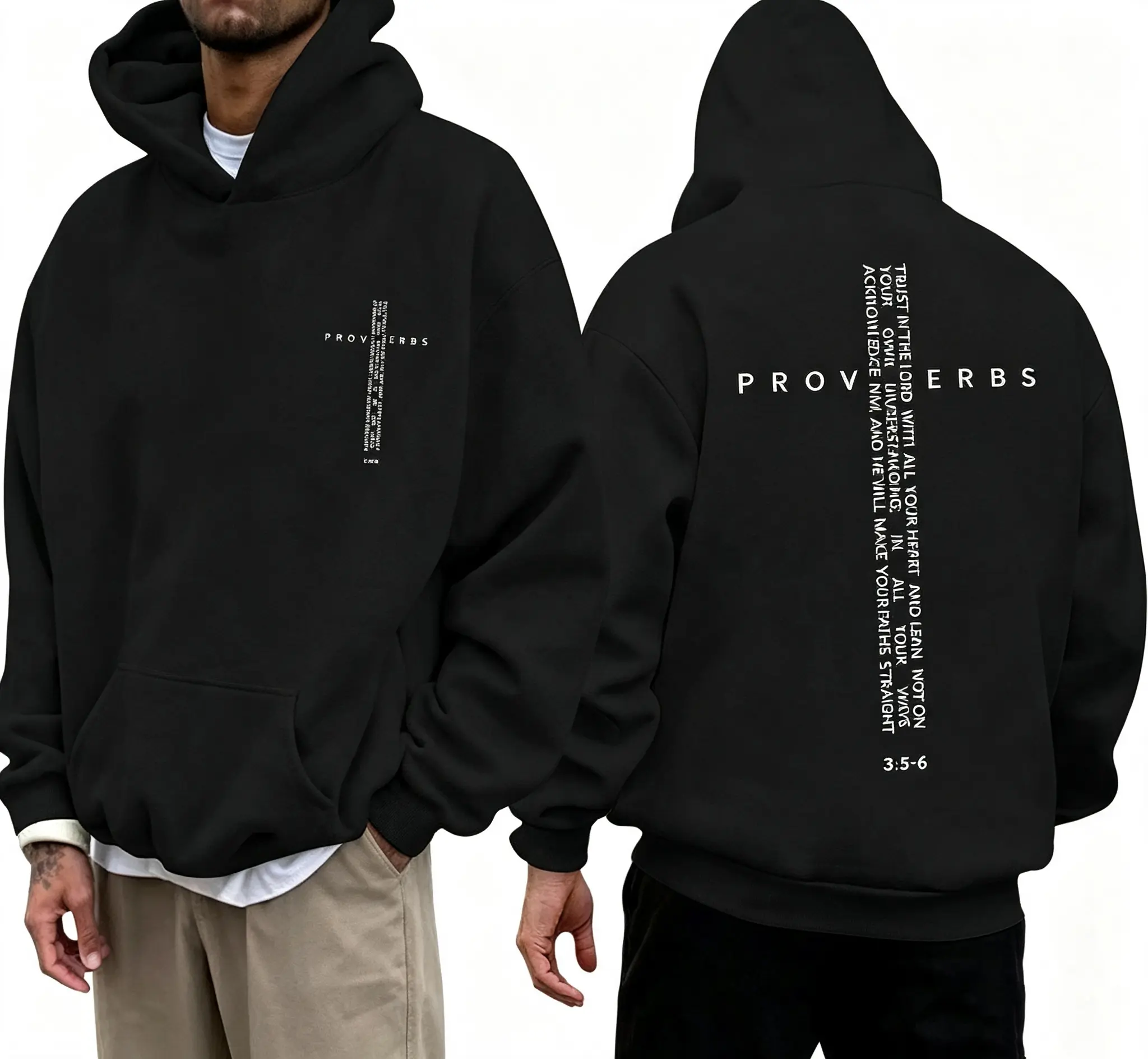 Oversized Long Unisex Christian Hoodie, Proverbs 3:5-6 Letter Print Cross Motif Double-Sided Pullover Sweatshirt, Vintage Streetwear for Men & Women, Machine Wash