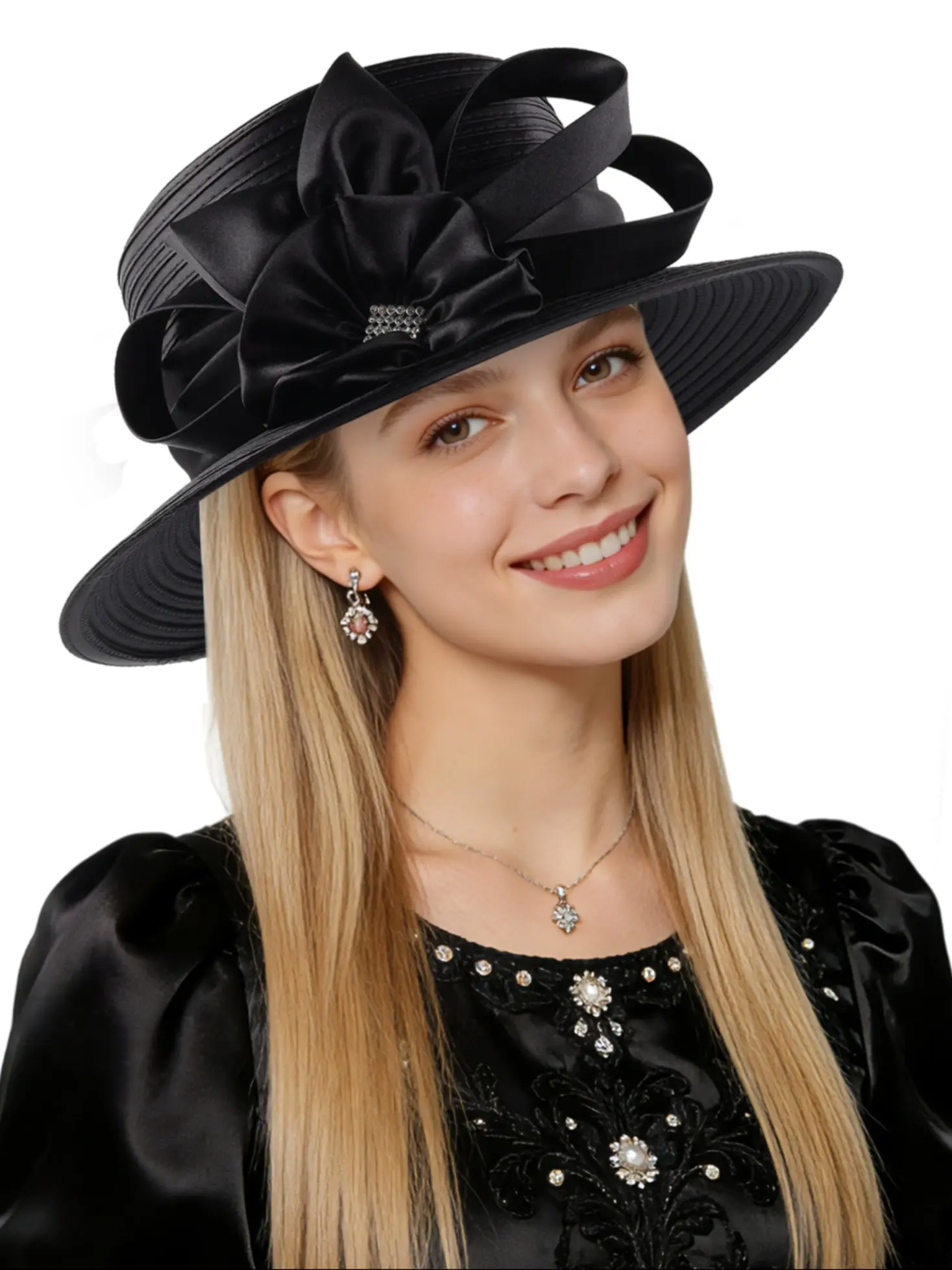 Women's Wide Brim Rhinestone Accents Church Hat Statement Fascinator for Wedding Chapel Baptist Sunday Service Elegant Hat with Bow Fashionable Hats Crystals Hat