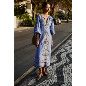 Garden Tapestry Blue Embroidery Long Sleeve Midi Dress