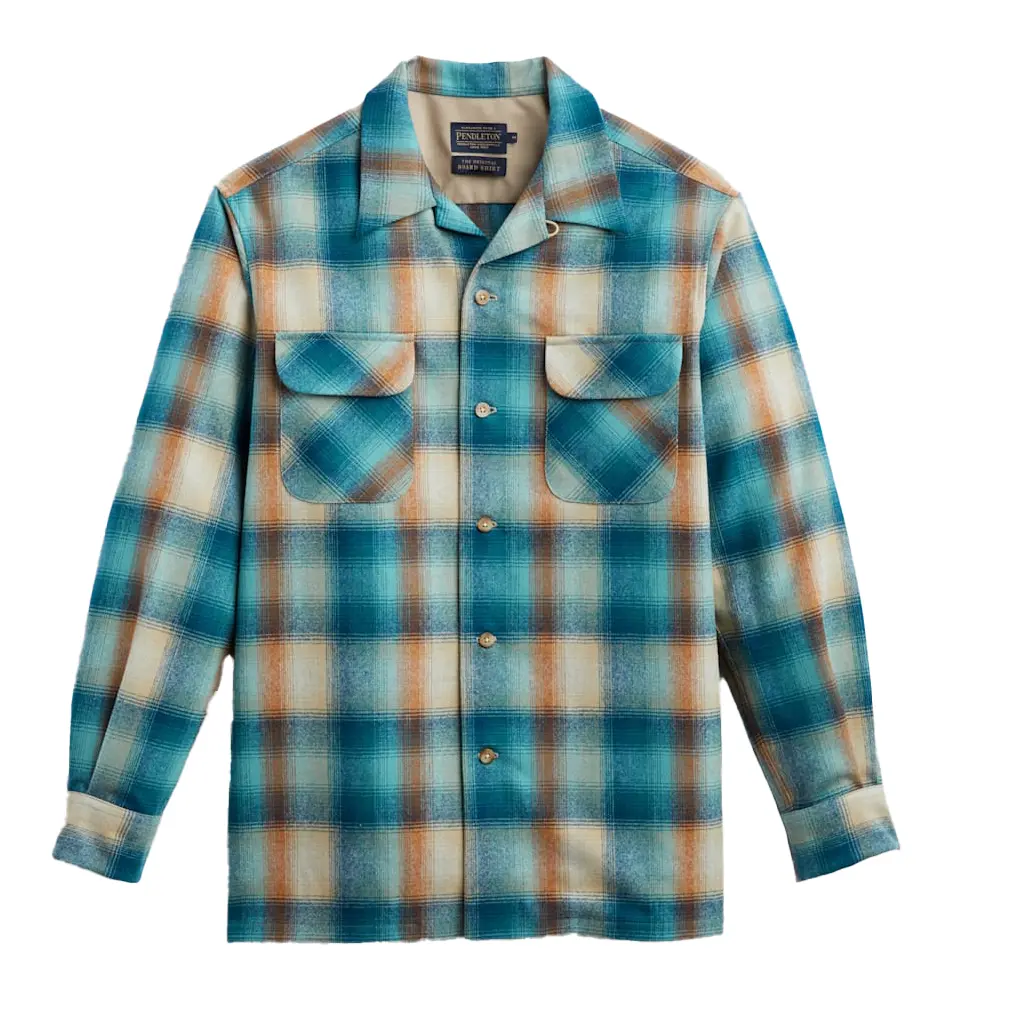 Pendleton Men's Fitted Long-Sleeve Plaid Checked Wool Button Shirt - Blue Multi Ombre, Spring 24, Medium Length, Casual Preppy Board Style, Quality Bias Cut Fabric, With Pockets