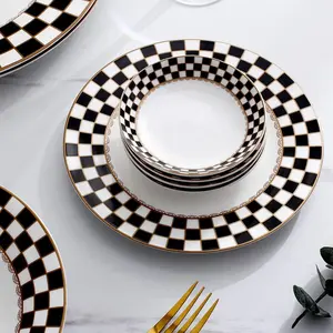 Checker Pattern 20-piece Round Dinnerware Set for 4, Porcelain Dinner Sets