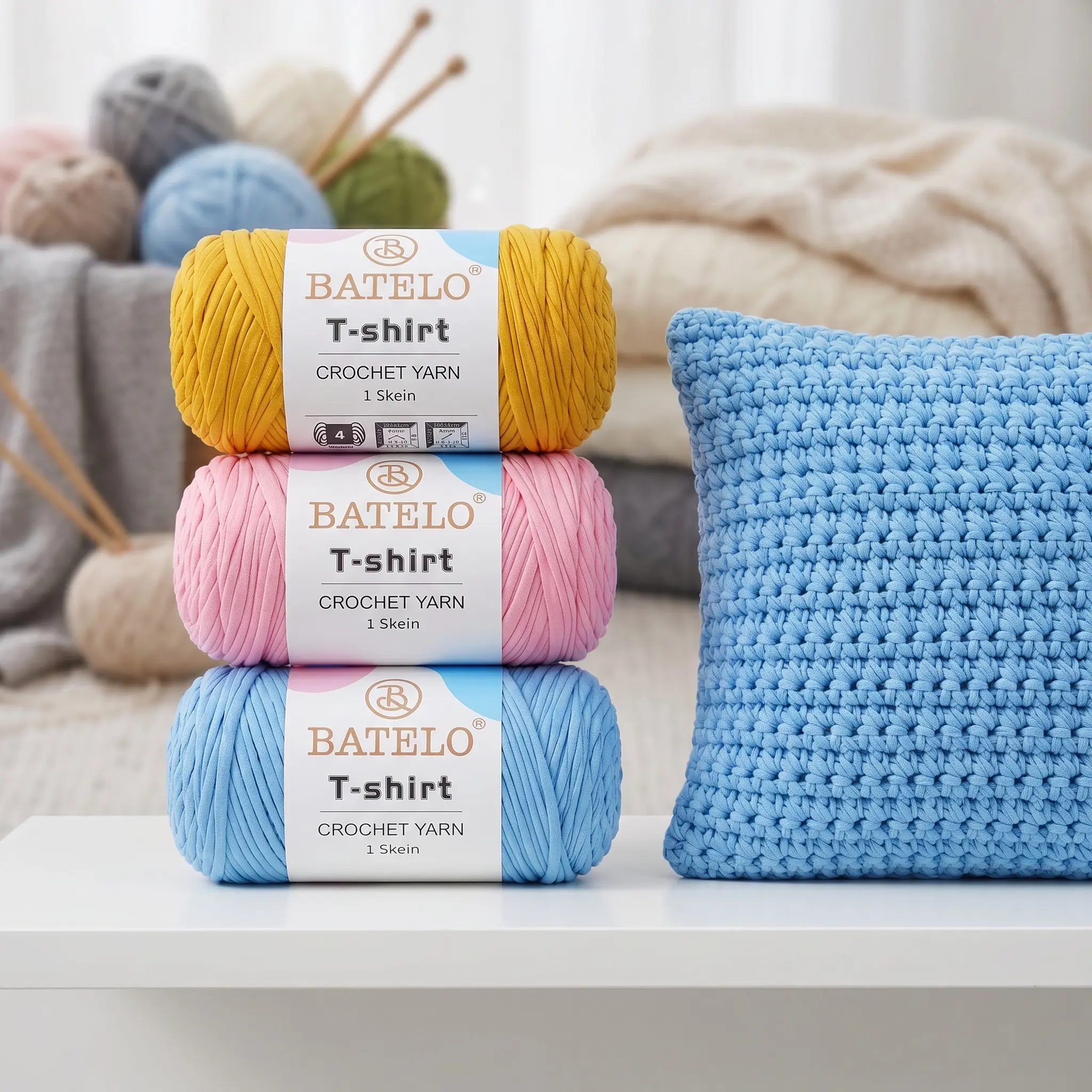 T shirt New Year DIY Yarns - 400g/120yds Polyester-Spandex Blend Multi-Use Textile, Built-In Needles for Home Decor, Handmade Bags Knitting Kit Supplies, Polyester Blend