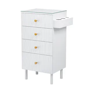 OmySalon Salon Station, Barber Station for Stylist, Hair Storage Cabinet with Glass Top & 4 Drawers & 3 Heat Resistant Tool Holders, For Beauty Spa, Salon, White