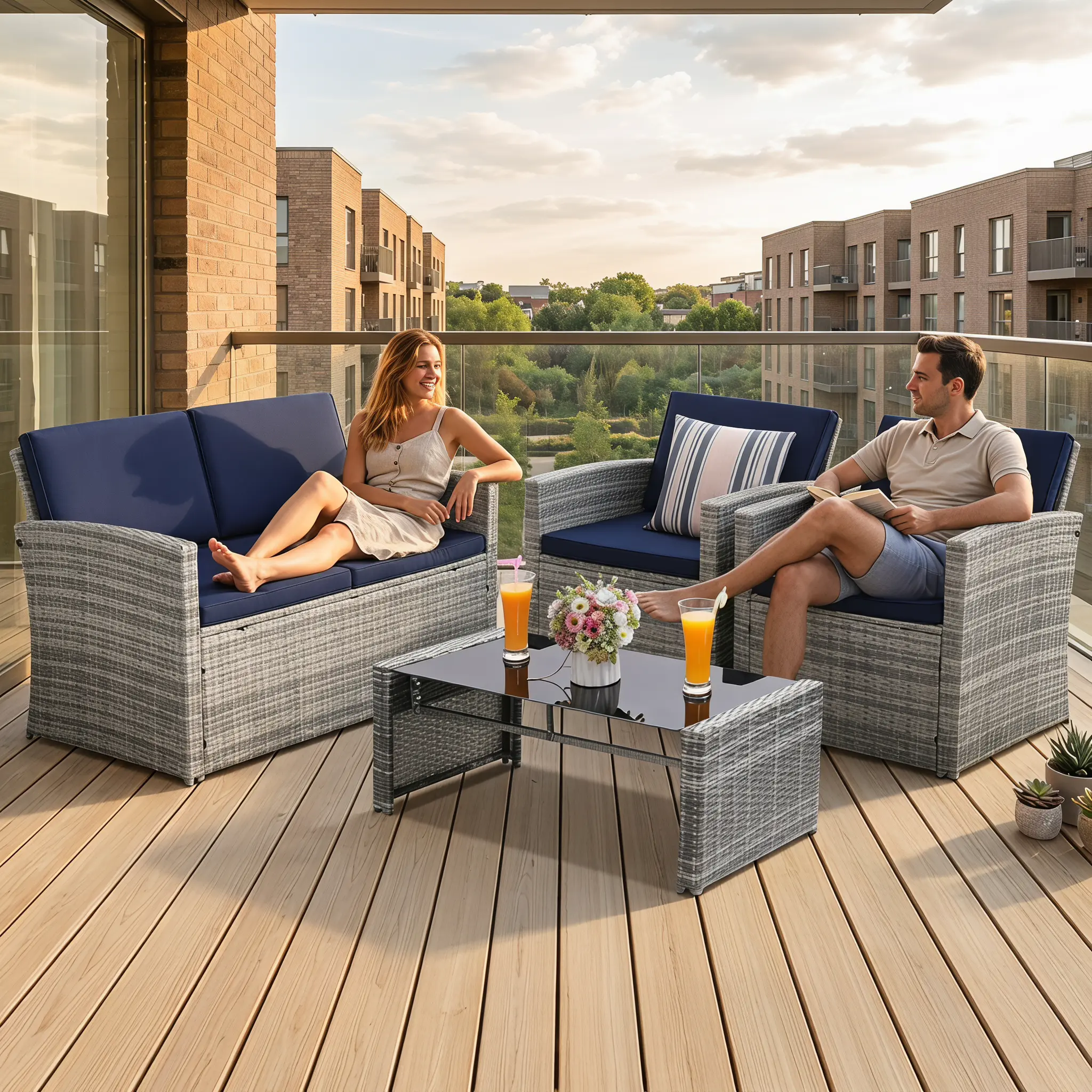 summerwins Sturdy 4-Piece Modern Outdoor Patio Wicker Conversation Furniture Set - Rattan Sofa, Loveseat, Chairs, Tempered Glass Coffee Table, Waterproof Navy Cushions, Tough & Ultra-Resistant Sets, Assembly Required for Backyard Porch Home Essentials