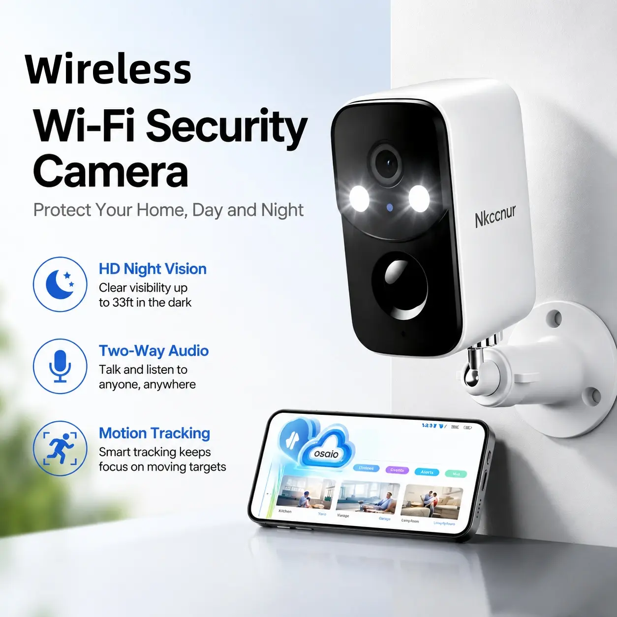 NKCCNUR 1/2 PCS  surveillance camera, with solar power, AI detection, sound and light alarm, IP66 waterproof,pan/tilt control via APP, color night vision mode, WiFi connection, 1440P HD resolution, two-way audio, encrypted cloud storage.