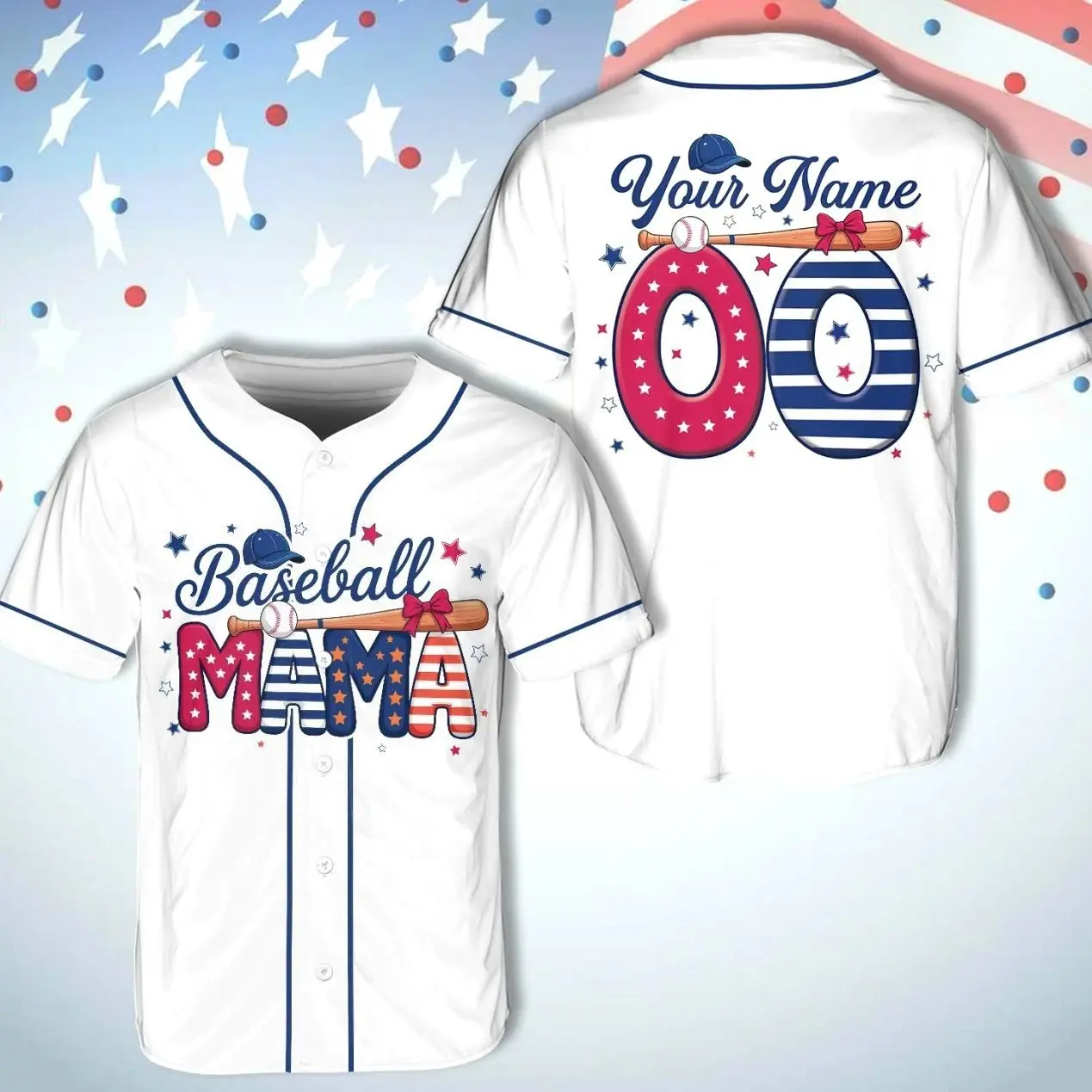 Custom Baseball Mama Shirt 4th of July, Personalized Name Number Jersey, Patriotic Baseball Mom Shirt, USA Flag Game Day Outfit