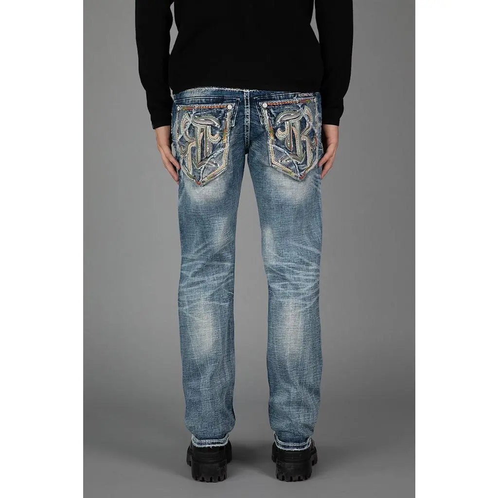 Rock Revival Men's Jeth Straight 4-Way Stretch Jeans with Embroidered Fleur-de-Lis Appliques, Tall-Friendly Fit, 4-Way Stretch Men's Jeans, Appliques Men's Jeans