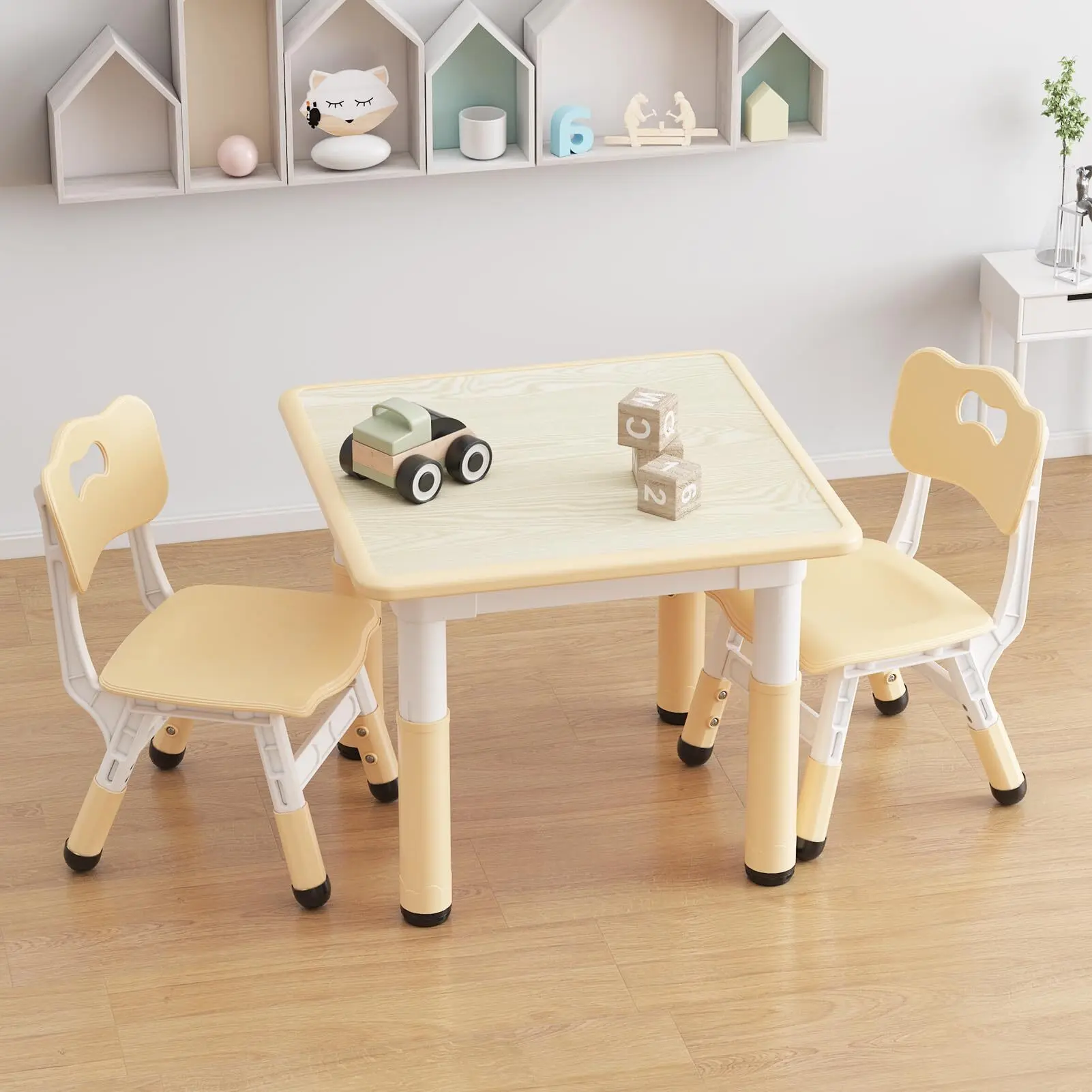 GARVEE Kids Table and 2 Chairs Set, Height Adjustable Toddler Table and Chair Set, Graffiti Desktop, Children Multi-Activity Table for 2, Kids Study Table for Home Daycare Preschool for Ages 2-8,Beige