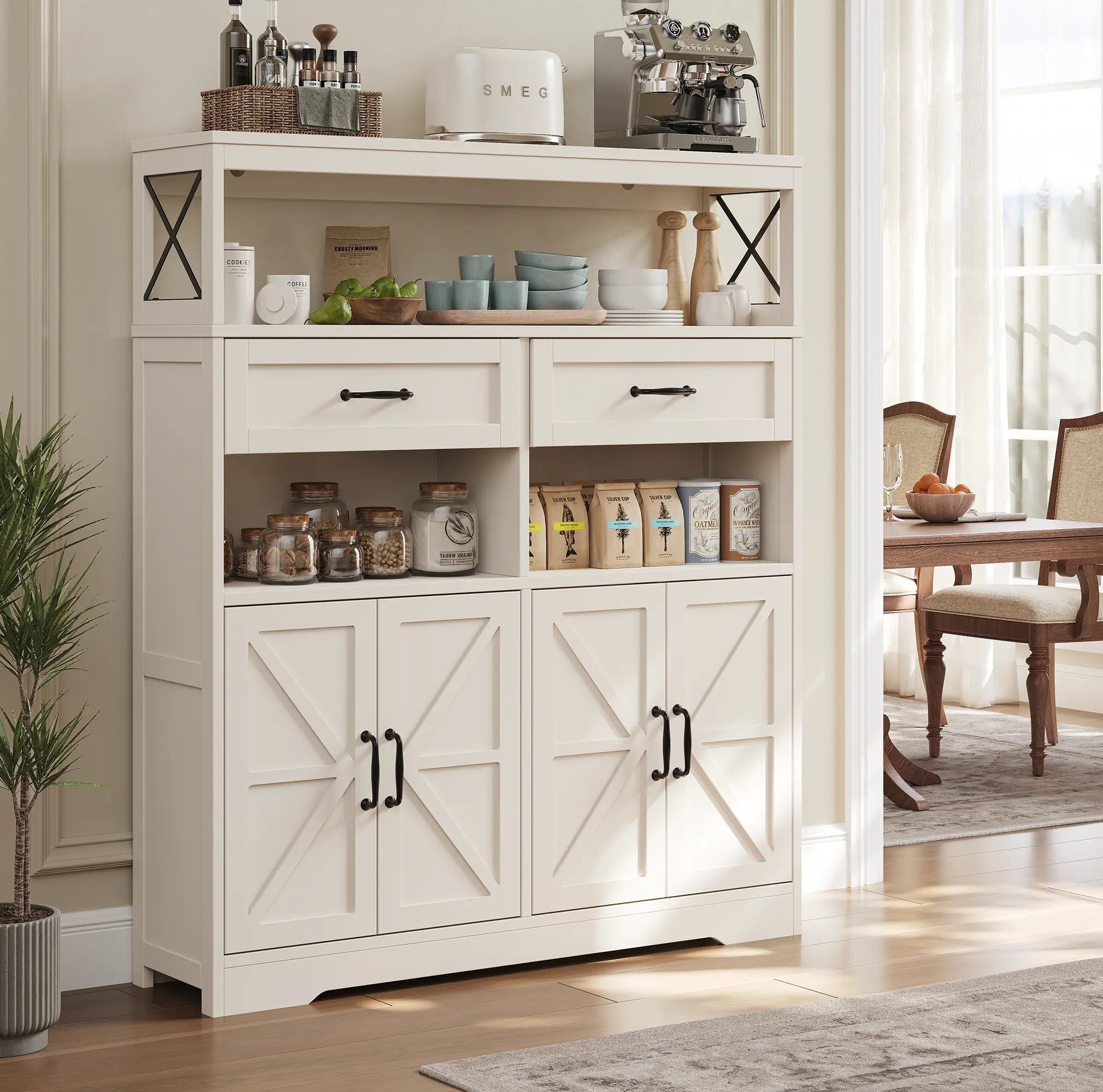 Farmhouse Buffet Cabinet - Large Sturdy Durable Kitchen Storage with Barn Doors, 2 Adjustable Shelves, Coffee Bar Sideboard, TV Stand for Dining Room, Easy Assembly, Classic Black White Finish, Assembly Required